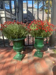 Green Metal Planters With Burnt Orange Flowers (2)