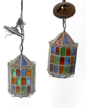 Mid Century Leaded And Stain Glass Chandeliers- A Pair