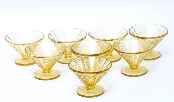 Amber Yellow Etched Depression Glasses- A Set Of 8