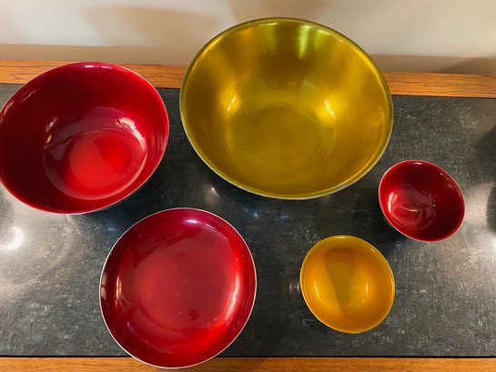 Assortment Of  5 Silverplate Exterior Red &/or Gold Enameled Interior Bowls