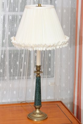 Brass And Alabaster Pillared Table Lamps With Pleated Frilled Lampshades
