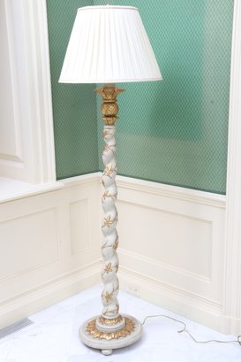 Carved Wood Floor Lamp With Gold Finial Details And Pleated Lampshade