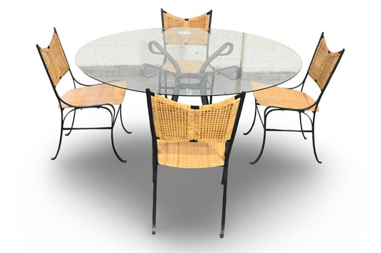 THE WICKER WORKS PETAL DINING TABLE WGLASS TOP METAL BASE AND 4 MATCHING CHAIRS