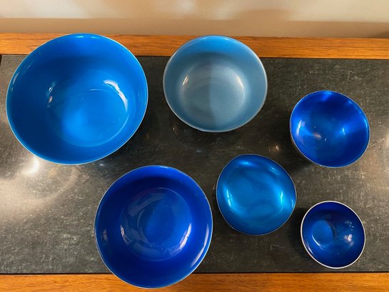 Assortment Of  6 Silverplate Exterior W/ Blue Enameled Interior Bowls