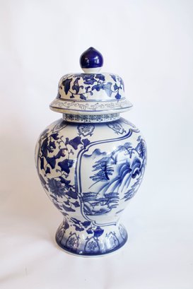 Large Blue And White Ginger Jar With Lid