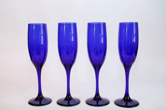 Four Colbalt Blue Champagne Flutes