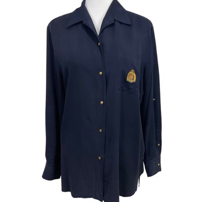 Lauren Ralph Lauren Navy Blue Silk Button-Front Shirt Size L