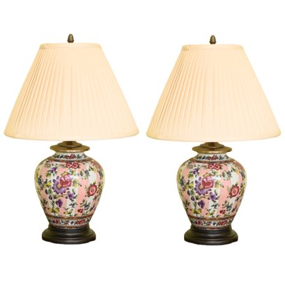 Pair Of Ceramic Floral Lamps With Pleaded Shade