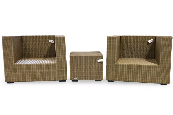 (2)MANUTTI OUTDOOR SYNTHETIC WICKER ARMCHAIRS AND SIDE TABLE