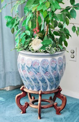 Faux Ficus In Asian Fish Bowl Planter And Wooden Base