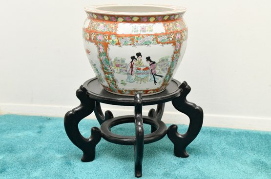 Famille Rose Jardiniere Fishbowl Planter On Wooden Stand
