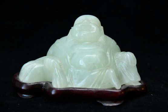 Carved Jade Buddha On Wood Stand Purchased On Hong Kong