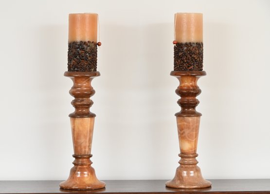 Pair Of Italian Marble Candle Pillars With Candles