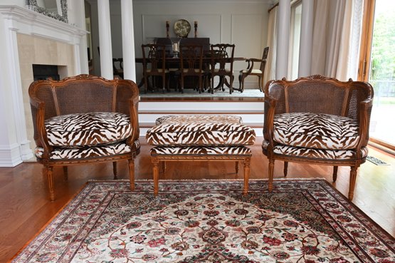 Old Hickory Tannery Zebra Print Caned Barrel Chairs With Ottoman
