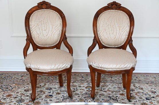 Pair Of French Styled Carved Wood Upholstered Accent Chairs