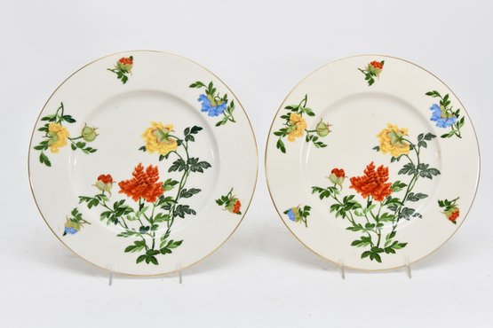Pair Of Gold Trim Floral Painted Plates