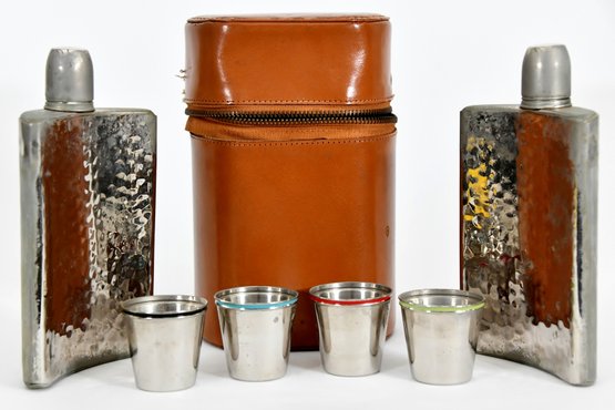 Vintage Flask Collection With Shot Glasses
