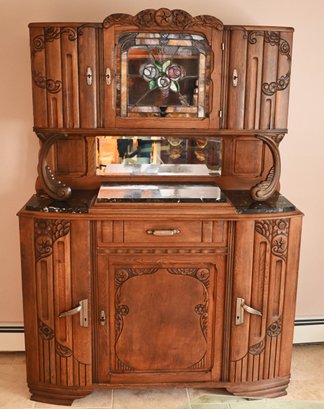 Antique Wood And Marble Dining Buffet Cabinet