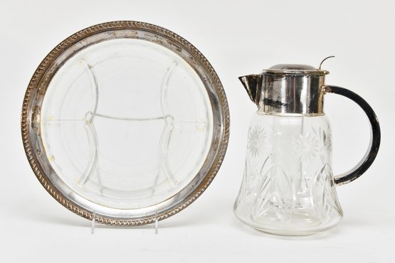 Thick Cut Glass Pitcher And Bowl With Silver Plated Trim