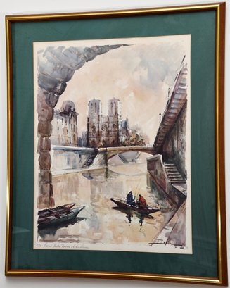 Vintage Notre Dame Watercolor Framed Signed Lafarue