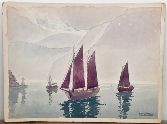 Sailboats Watercolor Signed Henri Laussucq
