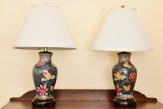Pair Of Hand Painted Floral Table Lamps