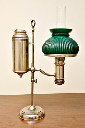Antique Unconverted Oil Lamp With Green Glass Shade E. M. & Co