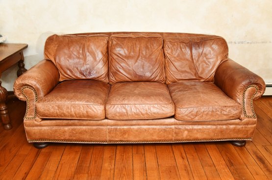 Drexel Heritage Brown Distressed Leather Three Seat Sofa With Nailhead Trim