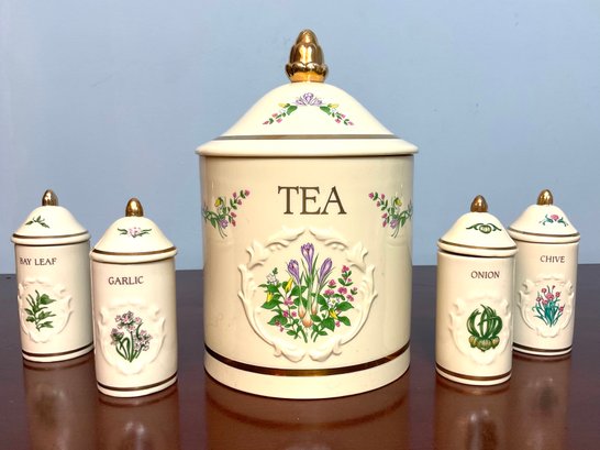 Lenox Spice Garden Tea Canister And 4 Spice Jars