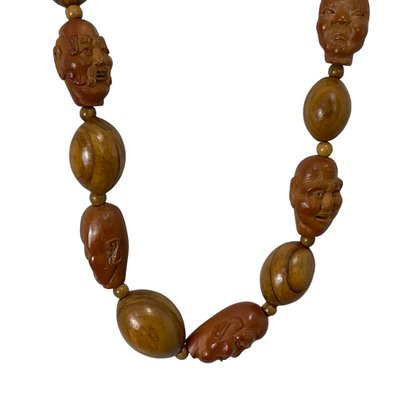 Carved Wood Arnat Face Bead Necklace
