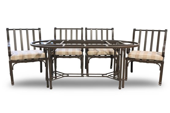 BROWN JORDAN TOSCANA OUTDOOR DINING TABLE (MISSING GLASS TOP) W/4 MATCHING ARMCHAIRS