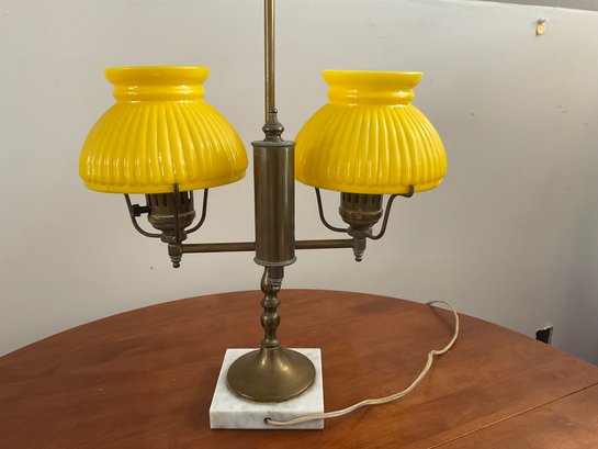 Vintage Double Arm Brass Lamp With Yellow Glass Globes