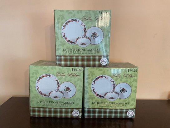 3 Boxes Holly Ribbon Holiday Dish New In Boxes