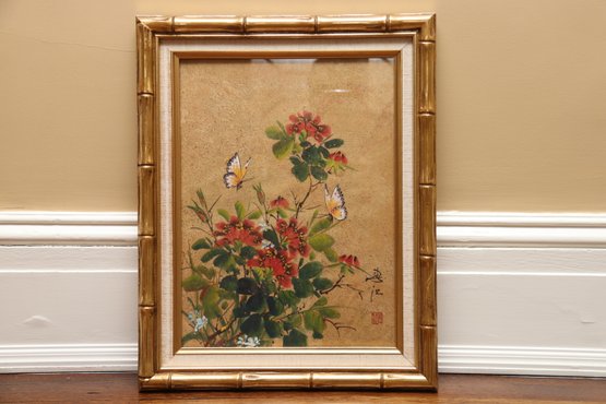 Asian Watercolor Stamped Painting In Gold Bamboo Frame