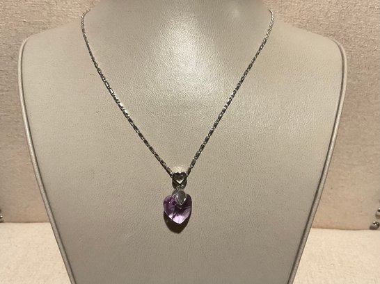 Silver Tone Necklace With Purple Glass Heart