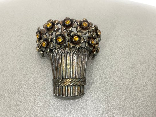 Flower Pot Brooch With Amber Stones
