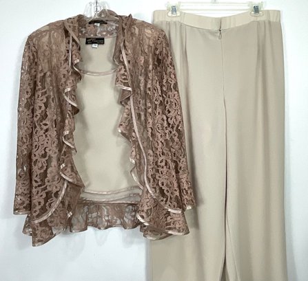 A.V. Designer Taupe Evening Pants Suit With Lace Jacket Size 18