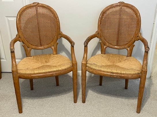Pair Of Faux Bois Branch Cane Back Arm Chairs With Rush Seat