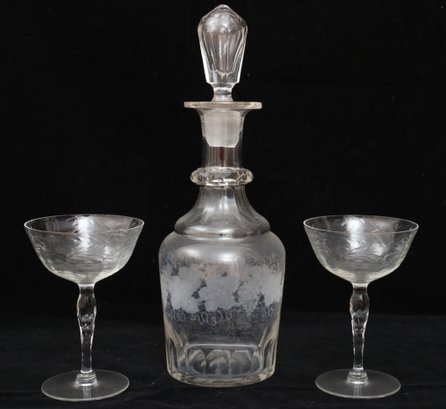 Etched Decanter And Pair Of Etched Glasses