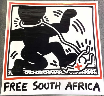 LARGE Vintage 1985 Keith Haring 'Free South Africa' Color Offset Lithograph On Glazed Poster Paper, Edition Of