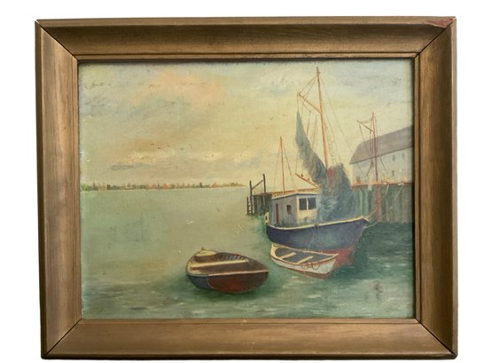 Boats Oil Painting By Local Long Island Artist 1954