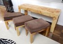 Mid Century Burlwood Console Table With 3 Stools