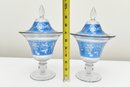 Pair Of Glass And Blue Covered Urns