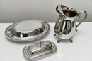 Silver Plate Pitcher, Butter Dish And Covered Platter