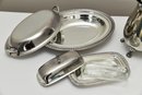 Silver Plate Pitcher, Butter Dish And Covered Platter
