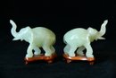Caved Jade Elephants On Wooden Base Purchased In Hong Kong