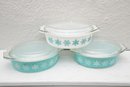 Pyrex Turquoise  Snowflake Oval Dishes With Covers