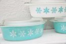 Pyrex Turquoise  Snowflake Oval Dishes With Covers