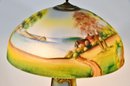 In The Manner Of Pittsburgh Reverse-painted Glass And Metal Table Lamp