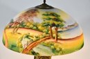 In The Manner Of Pittsburgh Reverse-painted Glass And Metal Table Lamp